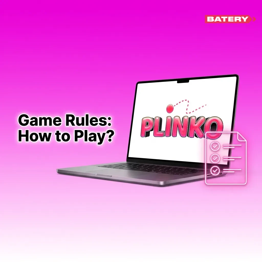 Instruction screen for Plinko Batery game explaining bets, risk levels, rows, and multipliers for bouncing balls