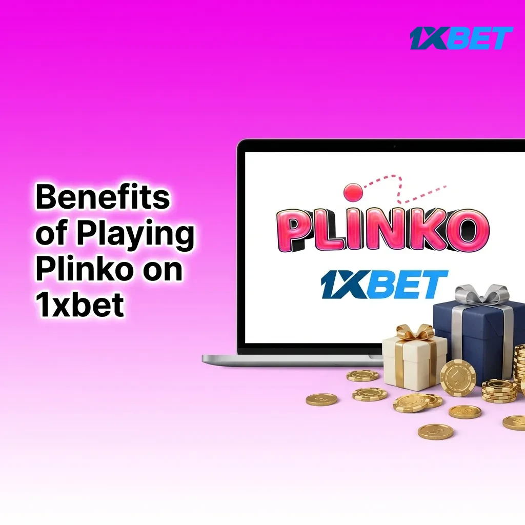 Infographic titled “Benefits of Playing Plinko on 1xbet” listing rupee betting, high RTP, autoplay, stats, history, and demo mode