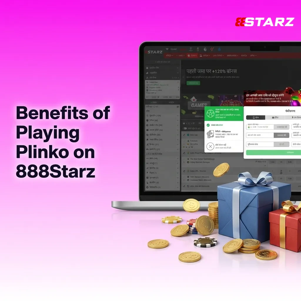 Mobile Plinko game on 888Starz highlighted with benefits list, risk control, RTP, auto-bet, and instant UPI/Paytm deposits