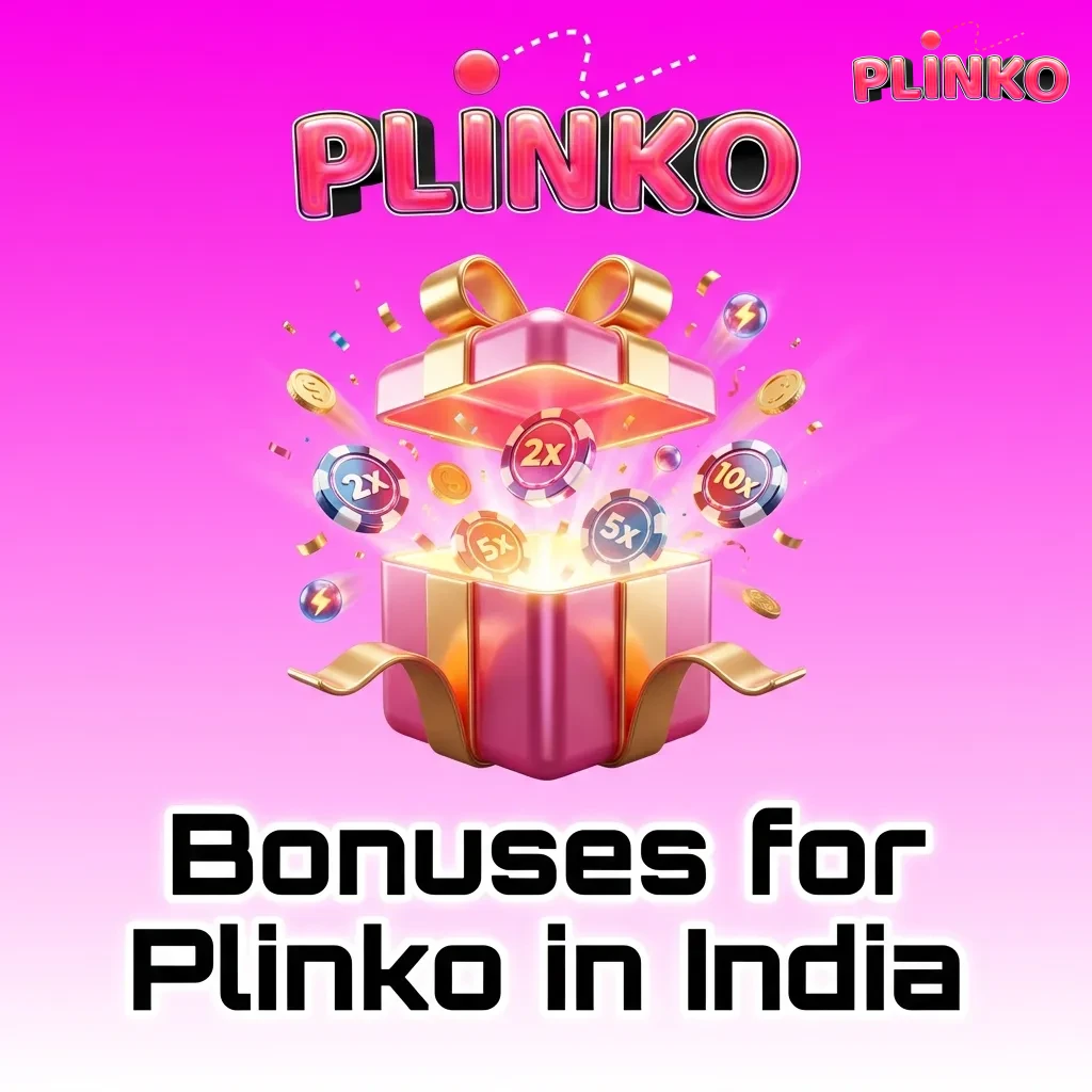 Illustration of Plinko game with casino bonus icons, rupee symbols, and text about offers and wagering terms in India