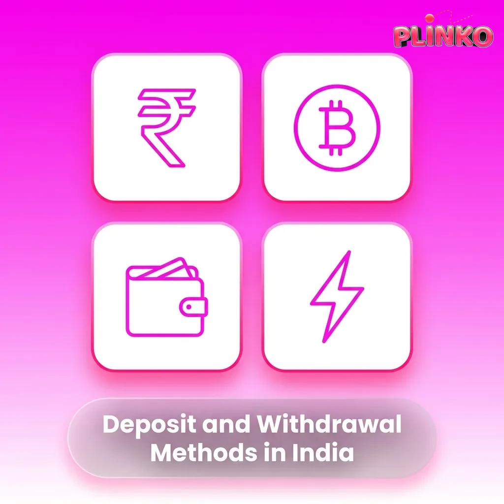Icons of Indian payment apps, bank cards, and crypto coins labeled as deposit and withdrawal methods for Plinko casinos