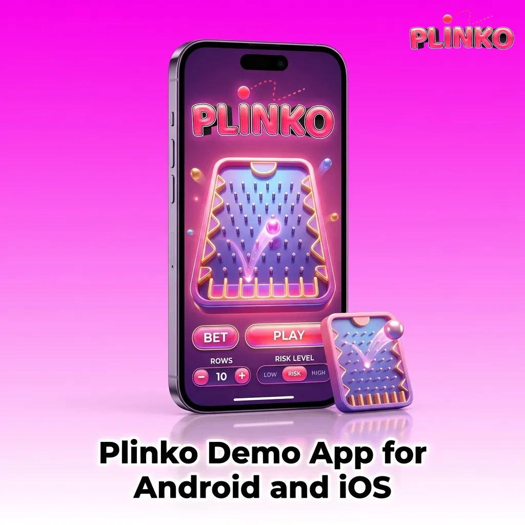 Smartphone screen showing a casino app Plinko demo game with adjustable bets and thumb controls for ball drops